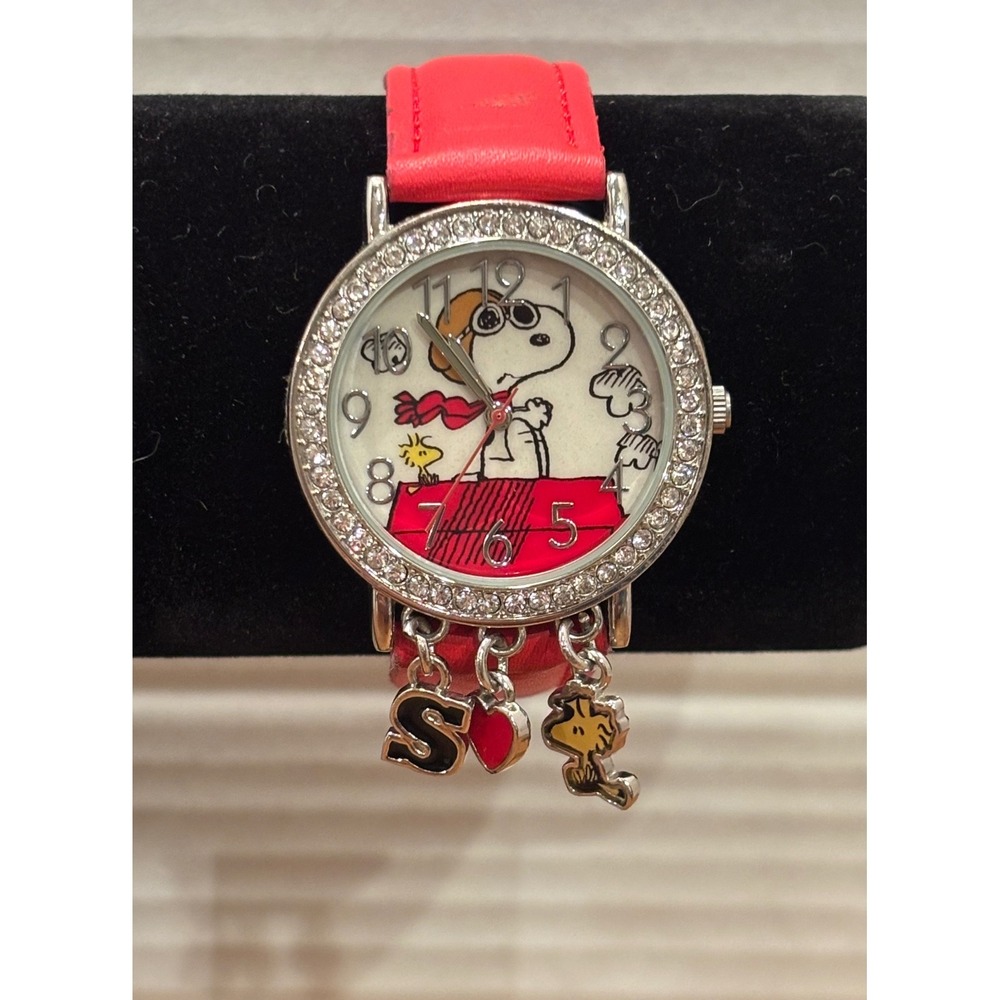 Vintage Peanuts Snoopy Flying Ace Red Charm Watch Rhinestone Bezel MZB
